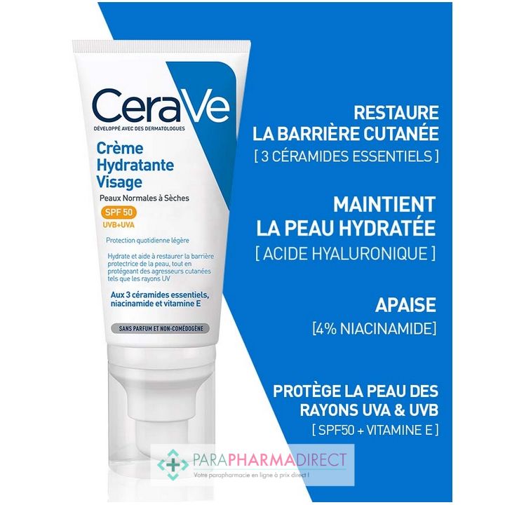 Cerave Crème Hydratant Visage Peaux Normales à Sèches Tube 52ml